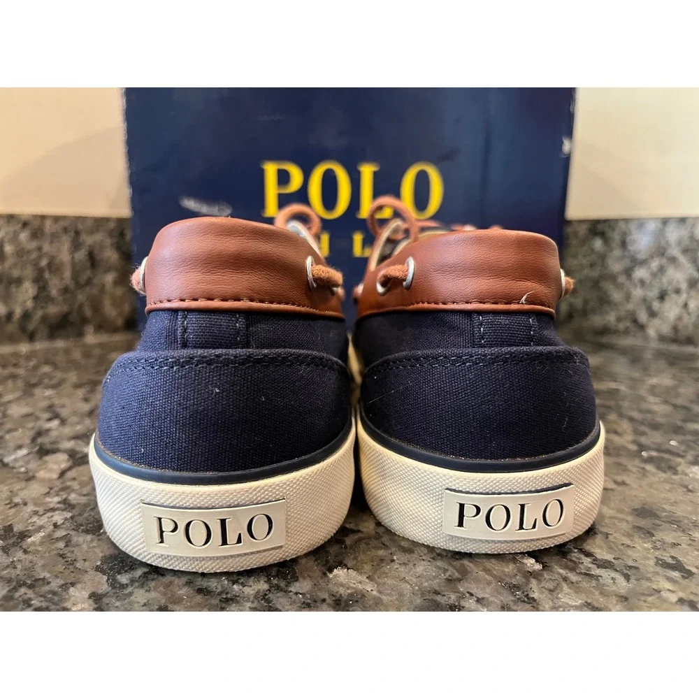 Polo Ralph Lauren Franz Mens Boat Shoes Navy Blue Brown Canvas Loafers Size 9D